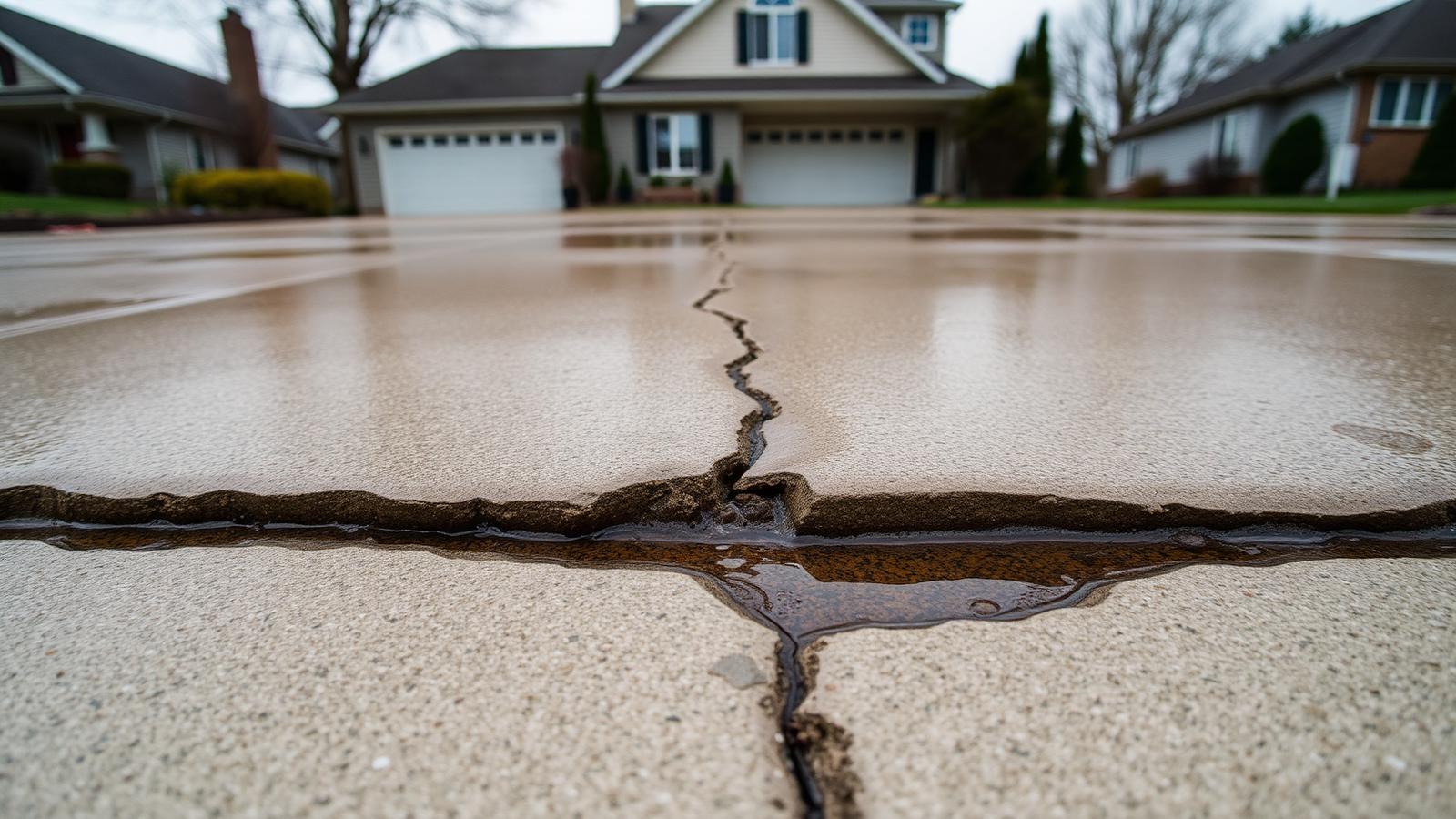 Residential driveway with widening cracks and standing water after rain