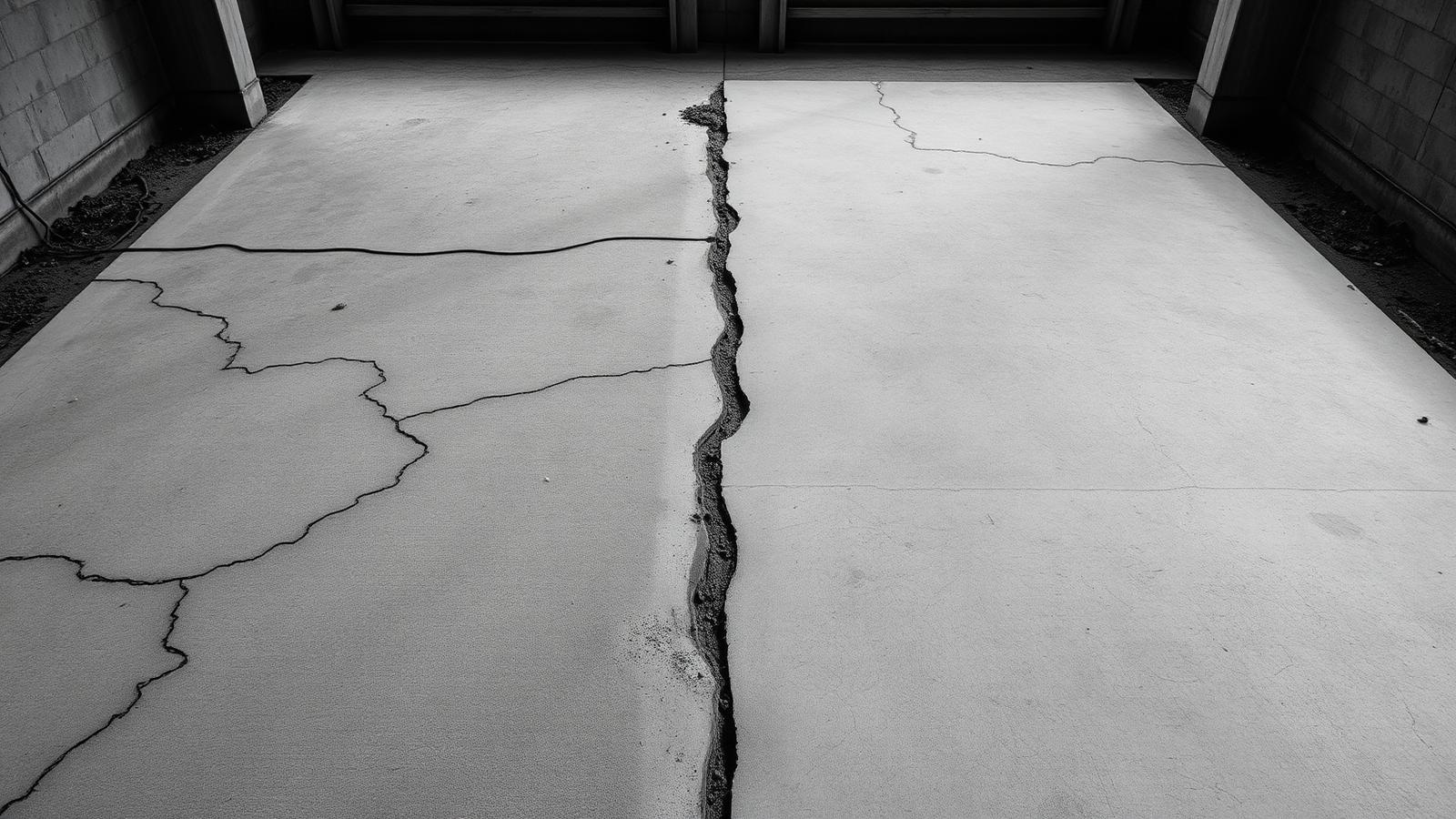 Cracked concrete slab beside a smooth restored concrete surface