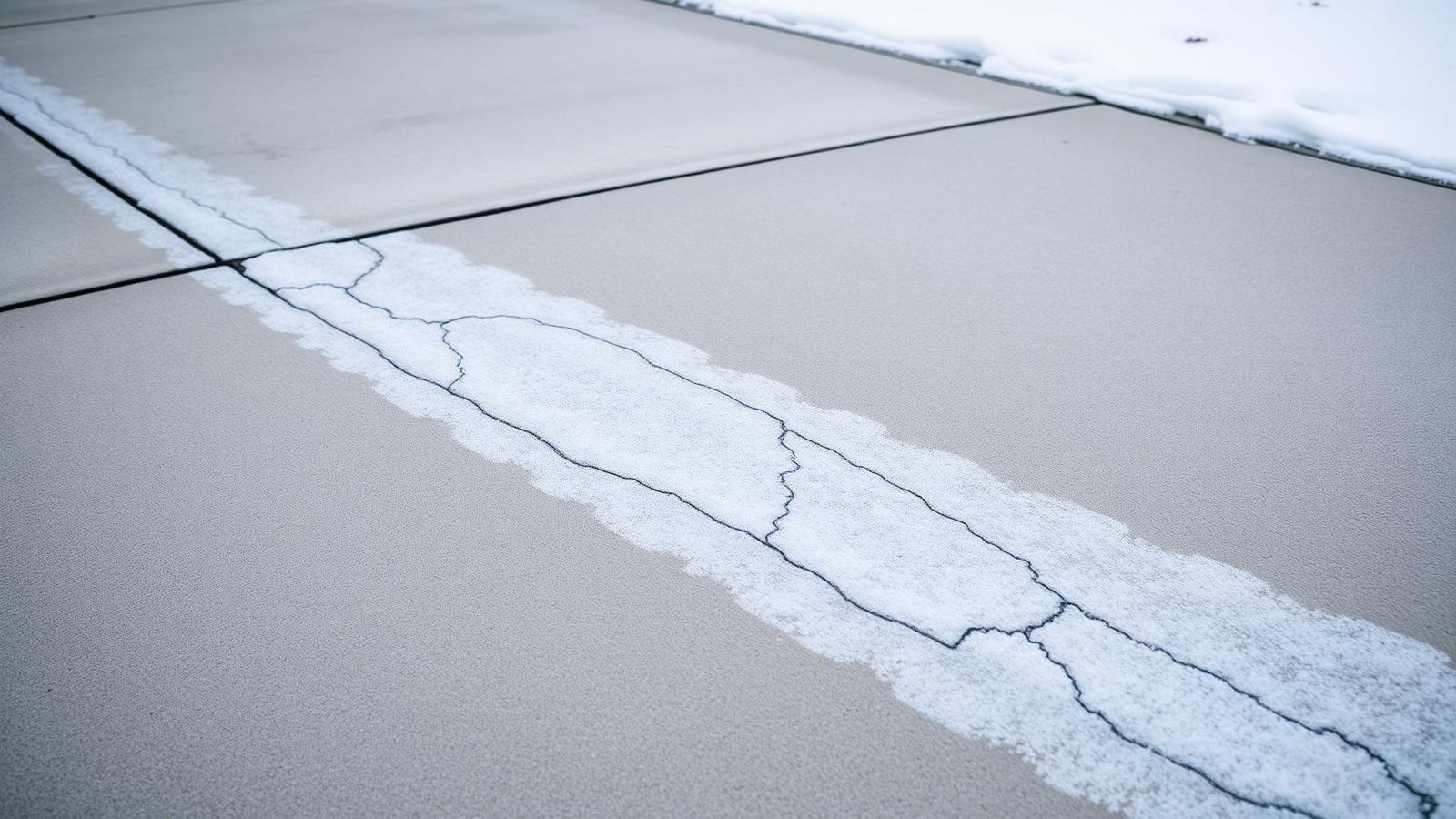 Frost and snow melt along a crack in a winter concrete driveway